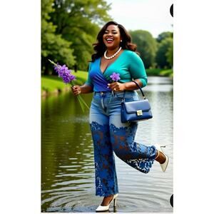 denim XXL Floral lace bell bottom upcycled boho crochet  embroidered pants (339)